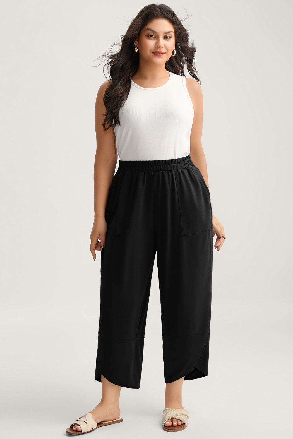Black Plus Size Elastic Waist Asymmetrical Hem Loose Capris Pants