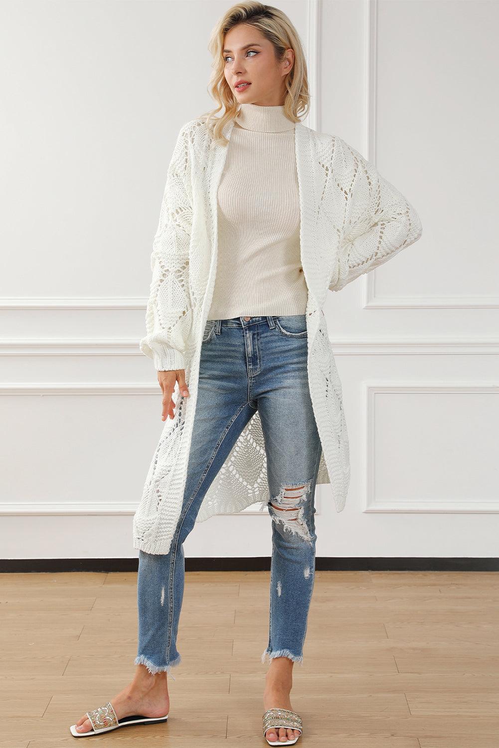 White Rhombus Hollowed Knit Open Front Cardigan - L & M Kee, LLC