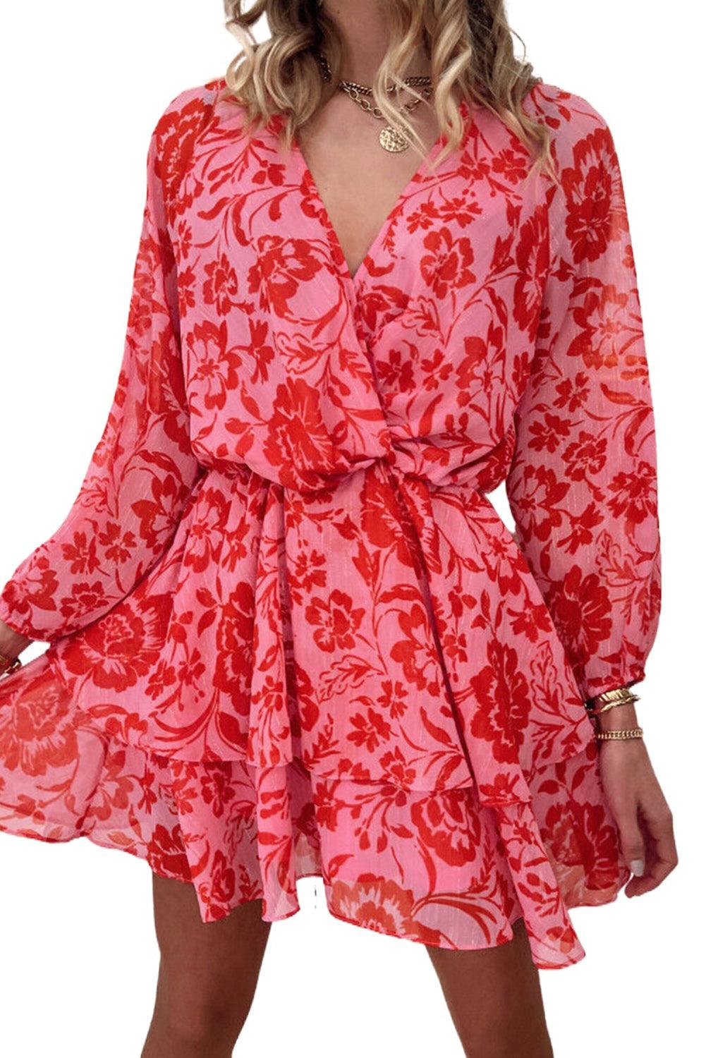 Red Floral Ruffle Layered Puff Sleeve Surplice Dress - L & M Kee, LLC