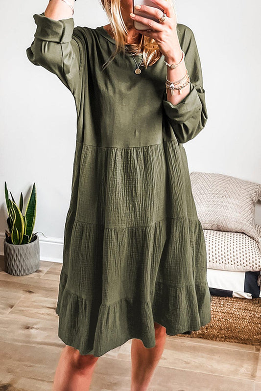 Moss Green Long Sleeve Tiered Crinkled Patchwork Mini Dress - L & M Kee, LLC