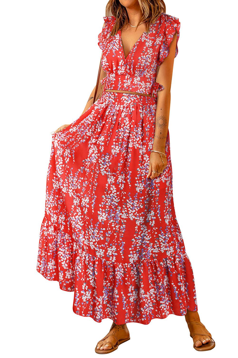 Multicolor Floral Ruffled Crop Top and Maxi Skirt Set - L & M Kee, LLC