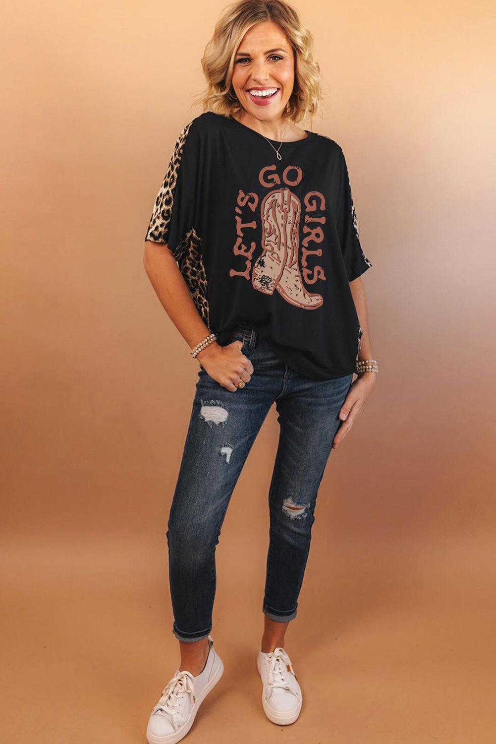 Black Western Boots Slogan Print Leopard Patchwork T Shirt - L & M Kee, LLC