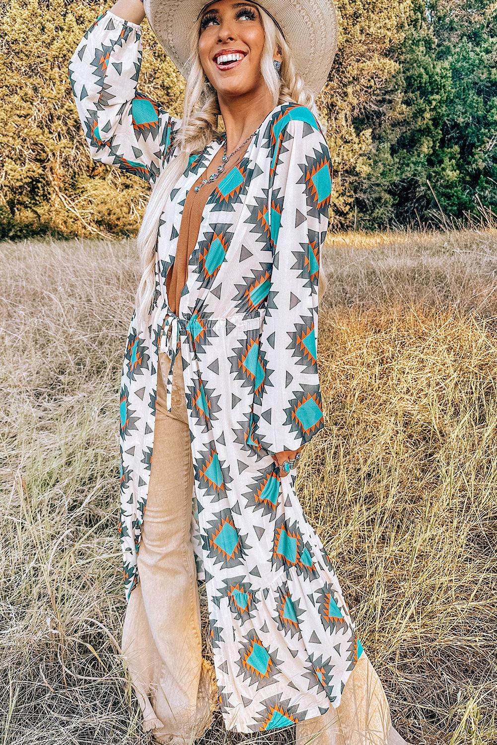 White Western Aztec Print Duster Open Front Top - L & M Kee, LLC