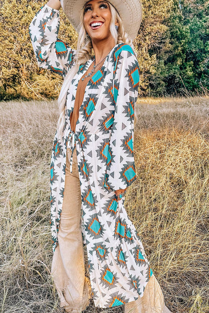 White Western Aztec Print Duster Open Front Top - L & M Kee, LLC