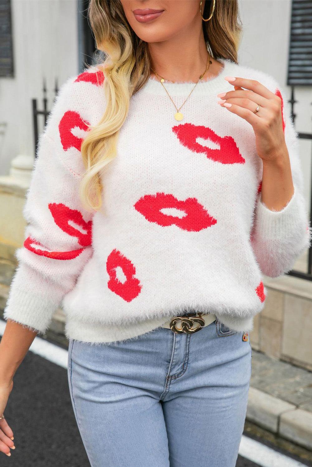 Bright Pink Valentine Kisses Fuzzy Sweater - L & M Kee, LLC