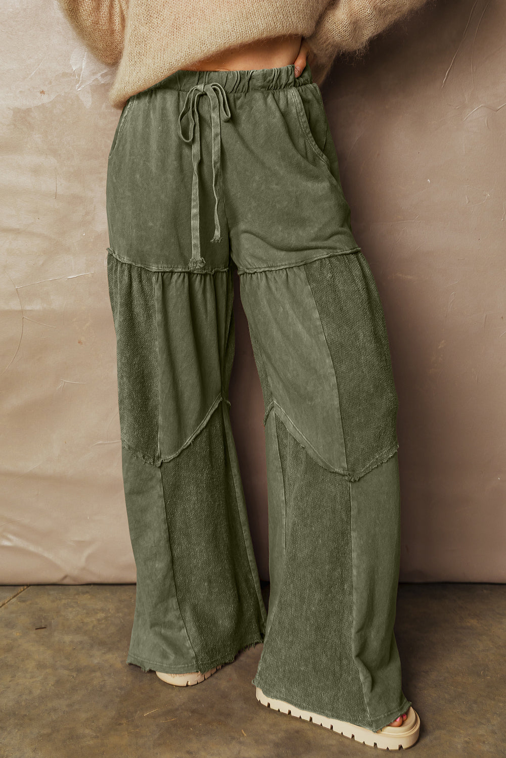 Vineyard Green Mineral Wash Tiered Wide Leg Patchwork Drawstring Pants