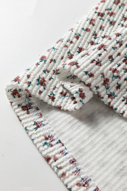 White Spiral Ribbed Floral Print Long Sleeve Henley Top Drawstring Short Set