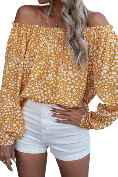 Yellow Floral Print Frill Trim Off-shoulder Lantern Sleeve Blouse - L & M Kee, LLC