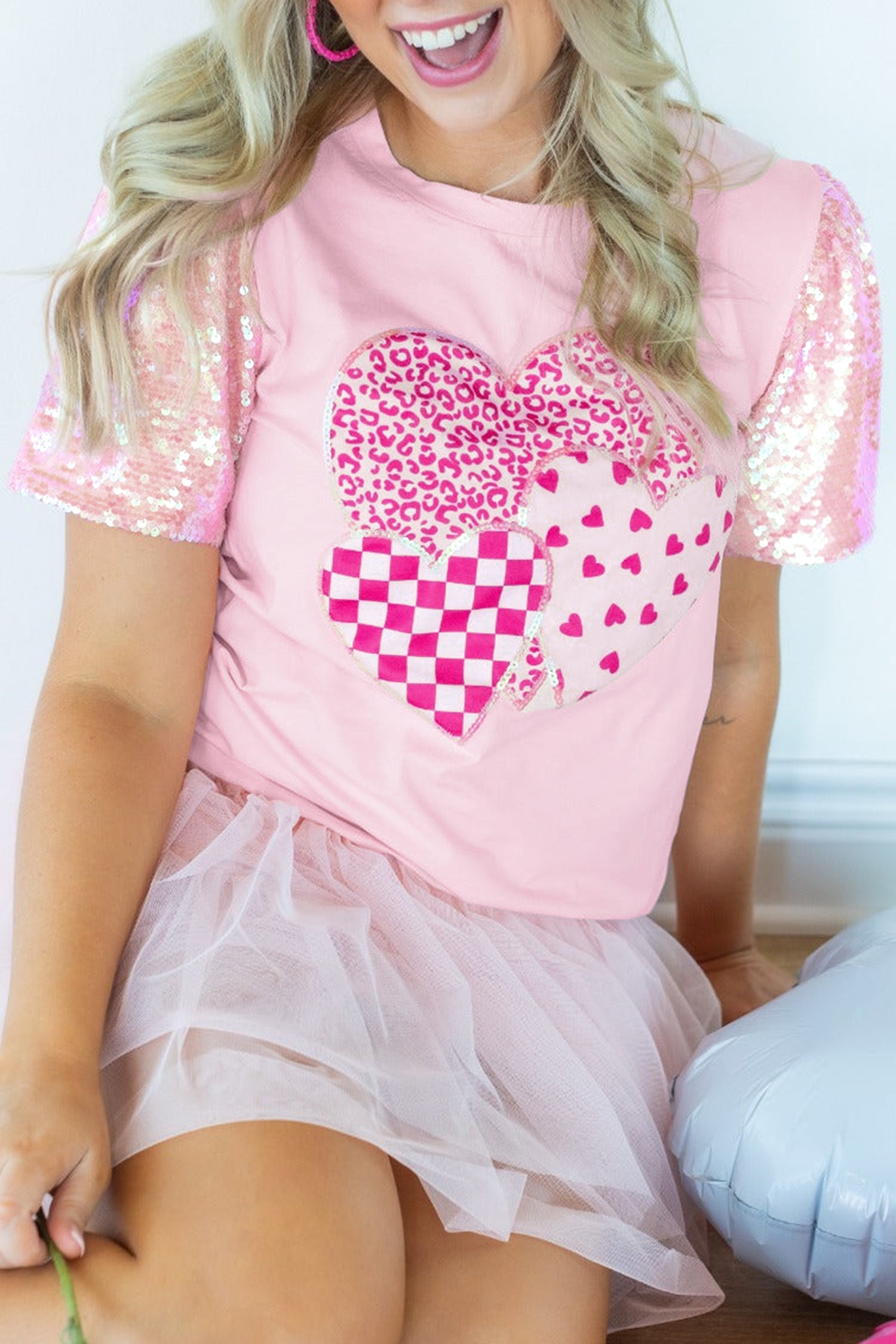 Light Pink Three Sweet Hearts Printed Sequin Trim Contrast Sleeve Patchwork Tee