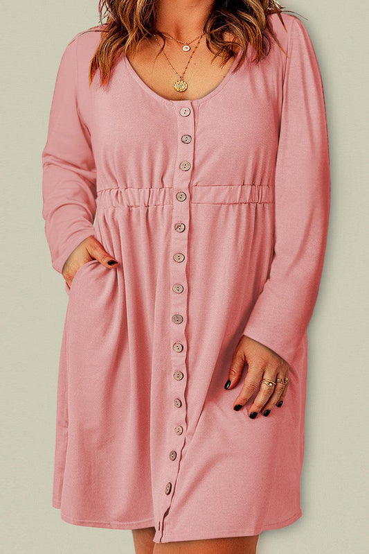 Pink Solid Button Front Plus Size Long Sleeve Dress - L & M Kee, LLC