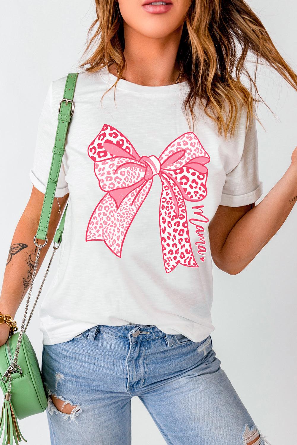 White Leopard Bow Graphic Mothers Day Fashion T Shirt - L & M Kee, LLC