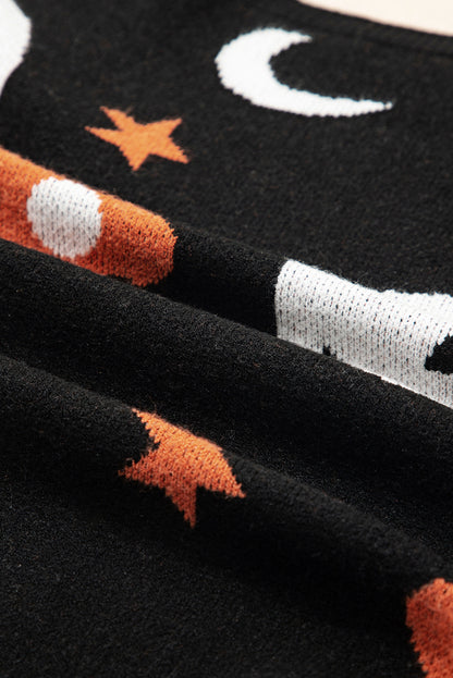 Black Halloween Mythical Night Pattern Drop Shoulder Sweater