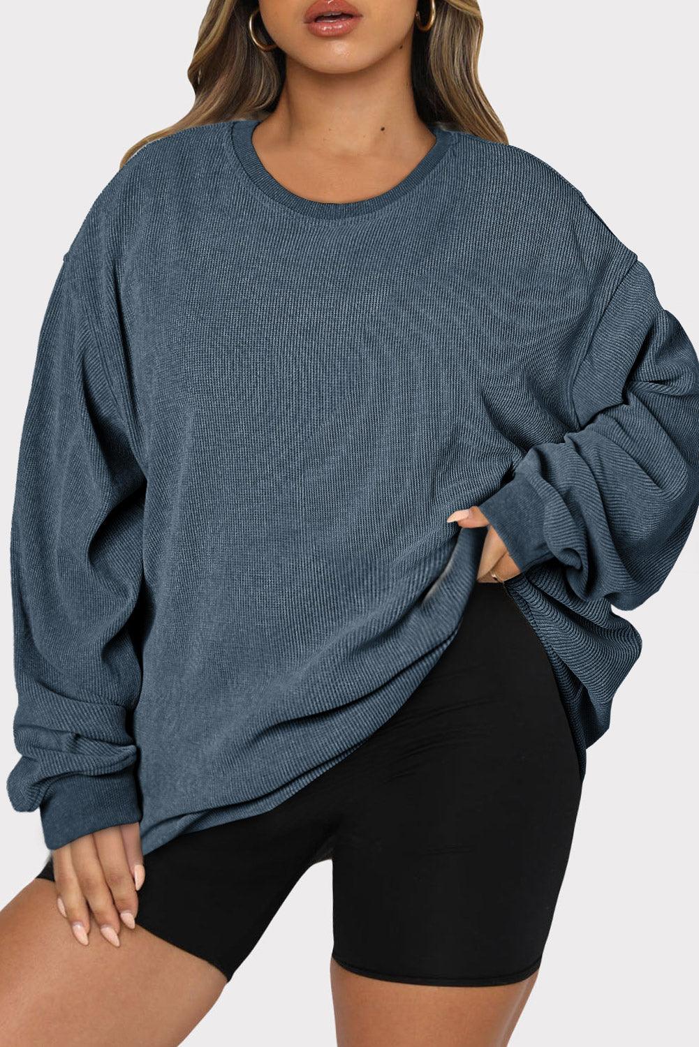 Blue Plus Size Corded Round Neck Sweatshirt - L & M Kee, LLC