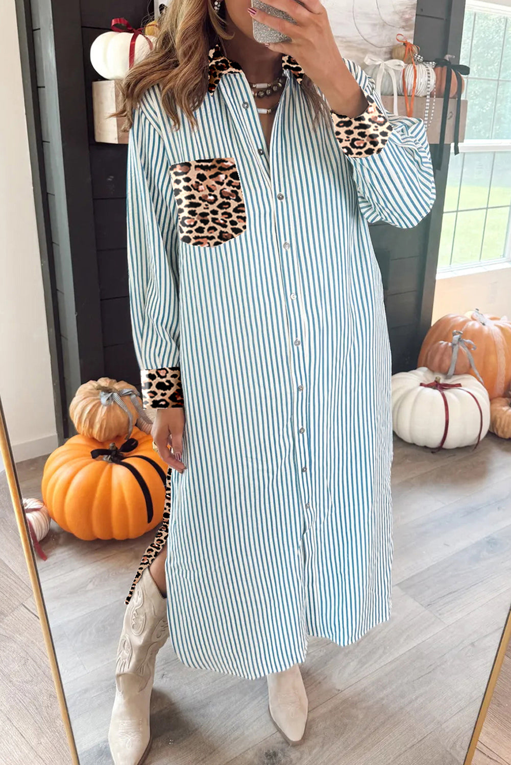 Sky Blue Stripe Contrast Leopard Patchwork Long Shirt Dress with Slits