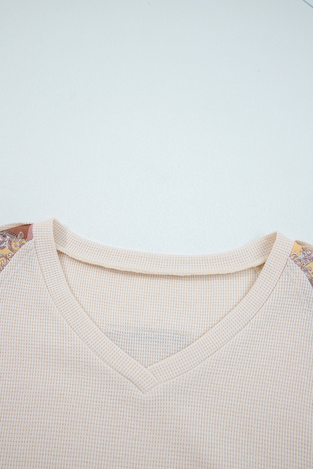 Beige Paisley Ethnic Print Contrast Patchwork Long Sleeve Loose Top