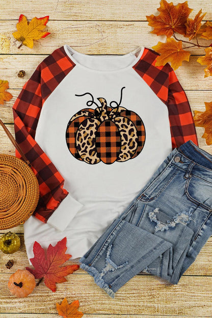 Halloween Pumpkin Graphic Plaid Raglan Long Sleeve Top - L & M Kee, LLC