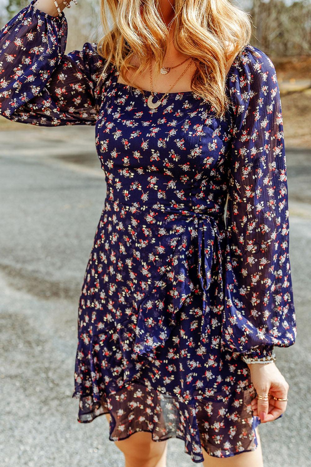 Floral Print Smocked Square Neck Bubble Sleeve Dress - L & M Kee, LLC