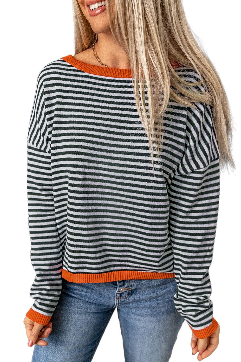 Brown Contrast Trimmed Striped Drop Shoulder Sweater - L & M Kee, LLC