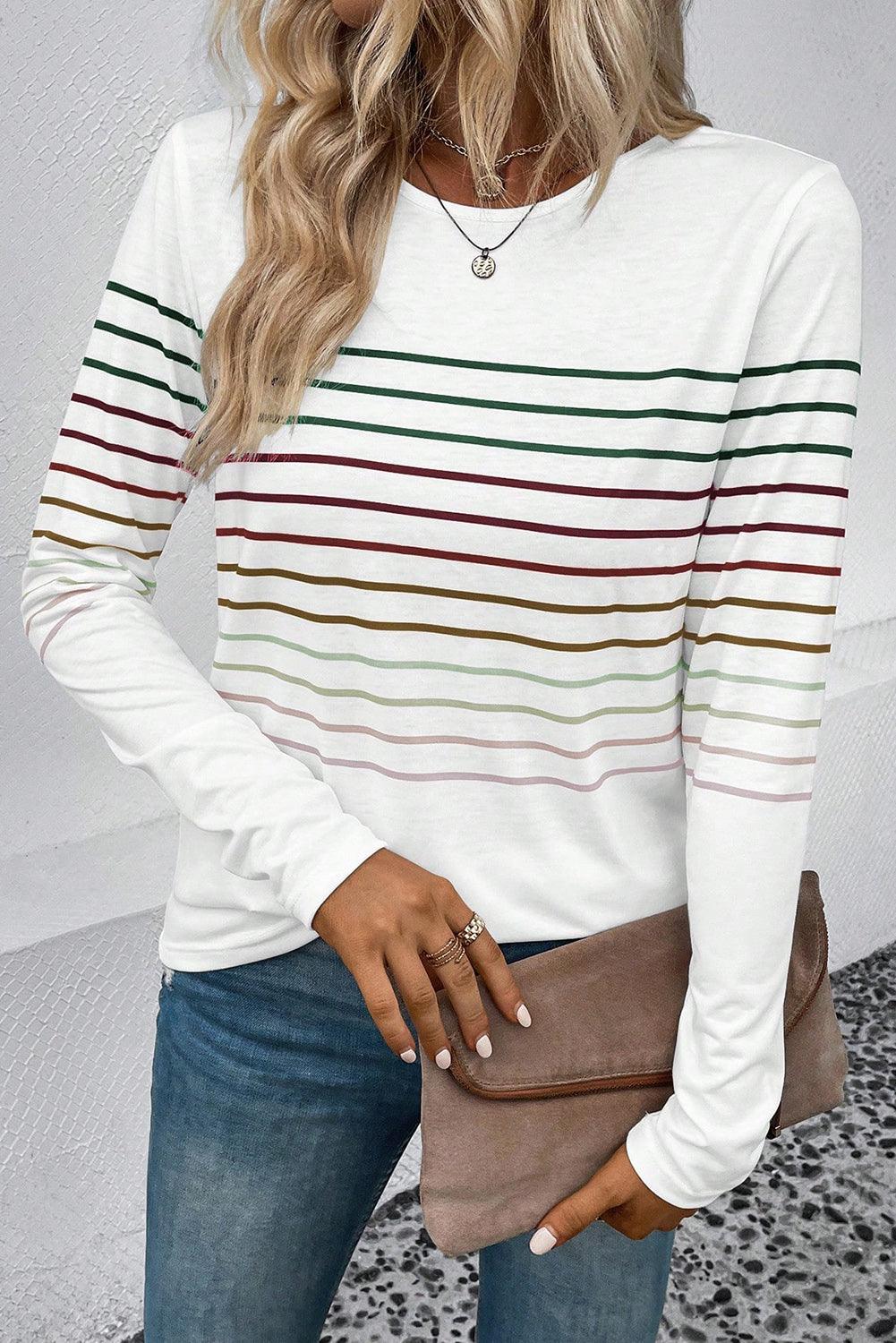 Multicolor Striped Crew Neck Long Sleeve Top - L & M Kee, LLC