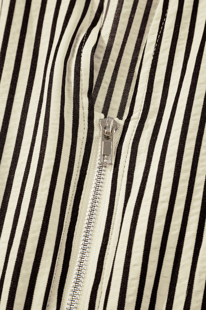 Green Stripe V Neck Zip Front Cinched High Waist Midi Dress