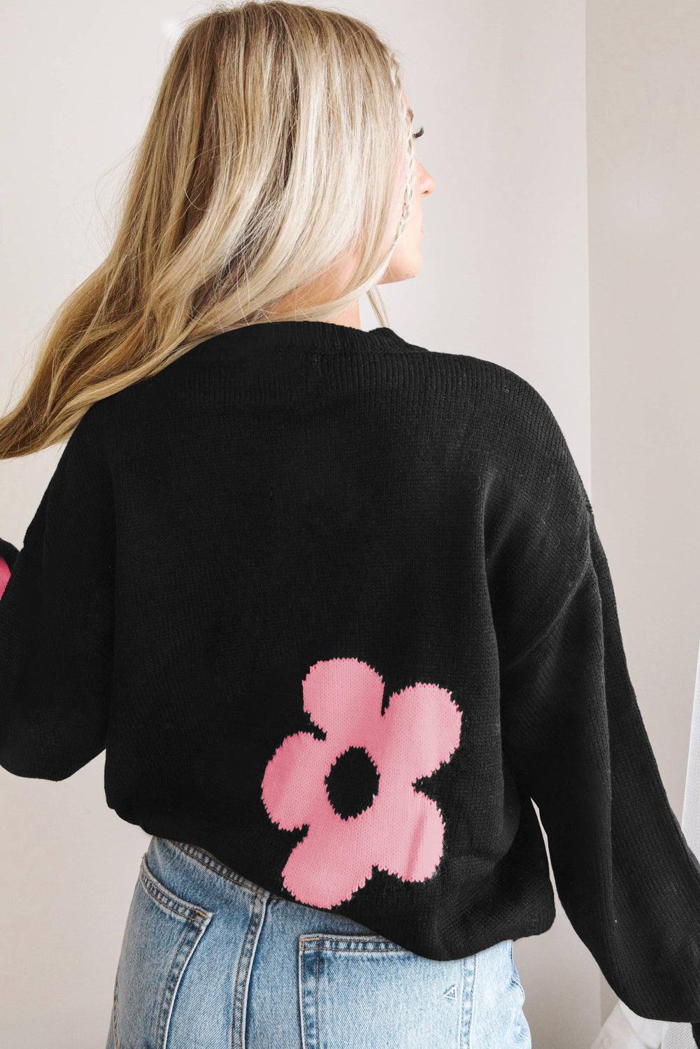 Khaki Big Flower Pattern Drop Shoulder Sweater - L & M Kee, LLC