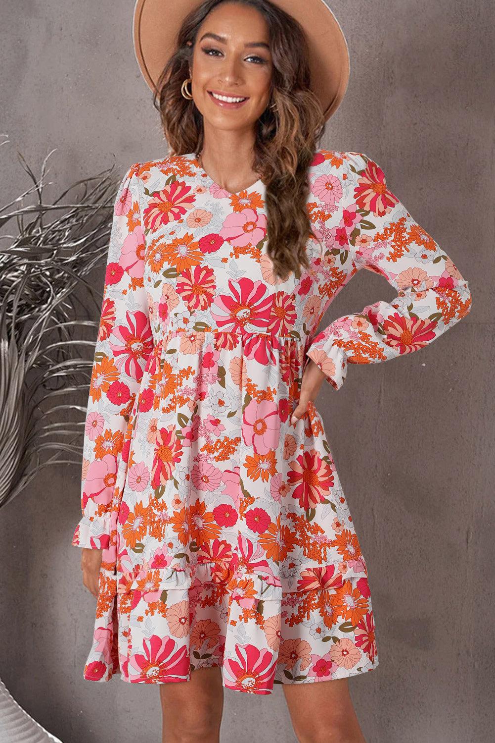 Multicolor Floral V Neck Long Sleeve Skater Dress - L & M Kee, LLC