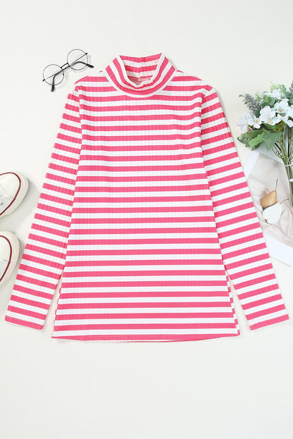 Strawberry Pink Striped Print Textured Knit Long Sleeve Tee - L & M Kee, LLC