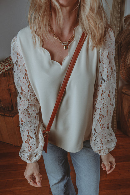 White Scalloped V Neckline Lace Hollowed Lantern Sleeve Blouse