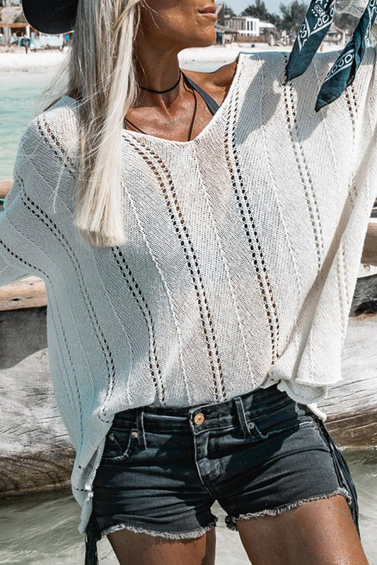 White Hollowed Detail Knitted Loose V Neck Sweater - L & M Kee, LLC