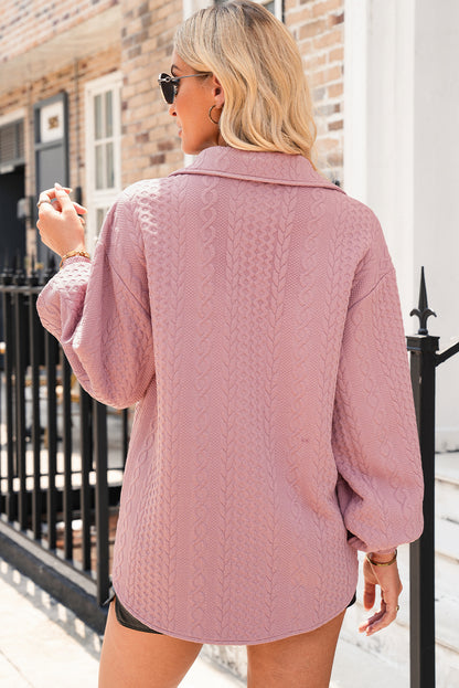 Blackish Green Cable Texture Puff Sleeve Loose Shacket