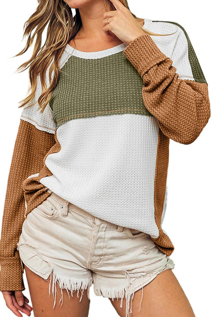 Green Color Block Exposed Seam Waffle Knit Long Sleeve Top - L & M Kee, LLC