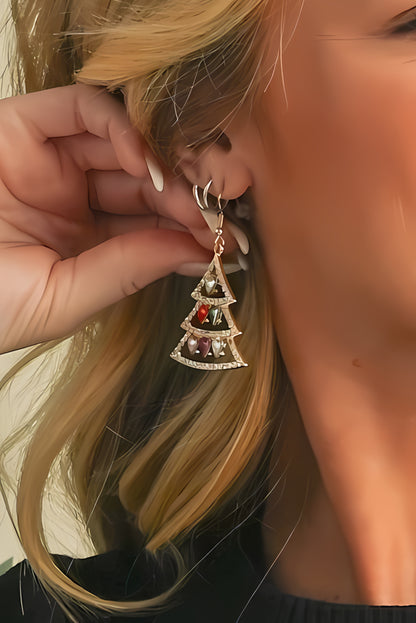 Gold Gem Decor Rhinestone Christmas Tree Holiday Hook Earrings