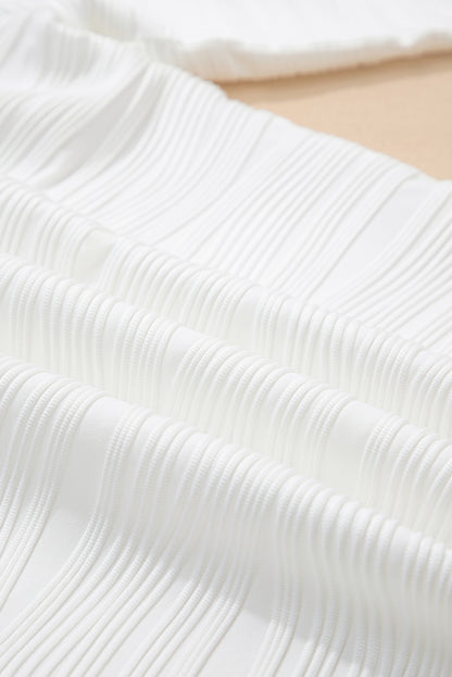 White Solid Color Textured Zip V Neck Pullover Sweatshirt