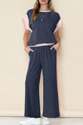 Navy Blue Color Block Detail Casual Two-piece Set