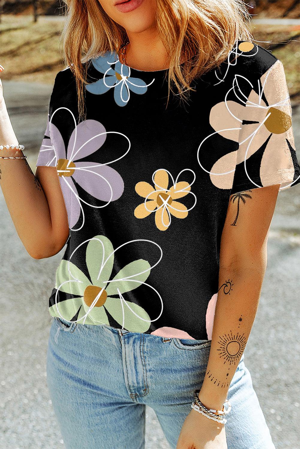 Black Summer Flower Print Casual Round Neck T Shirt - L & M Kee, LLC