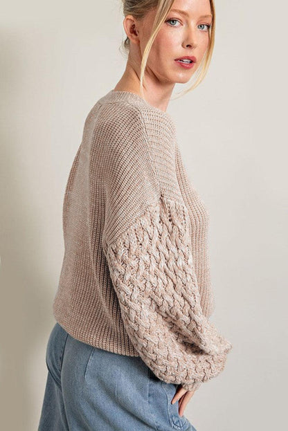 Parchment Cable Knit Sleeve Drop Shoulder Sweater - L & M Kee, LLC