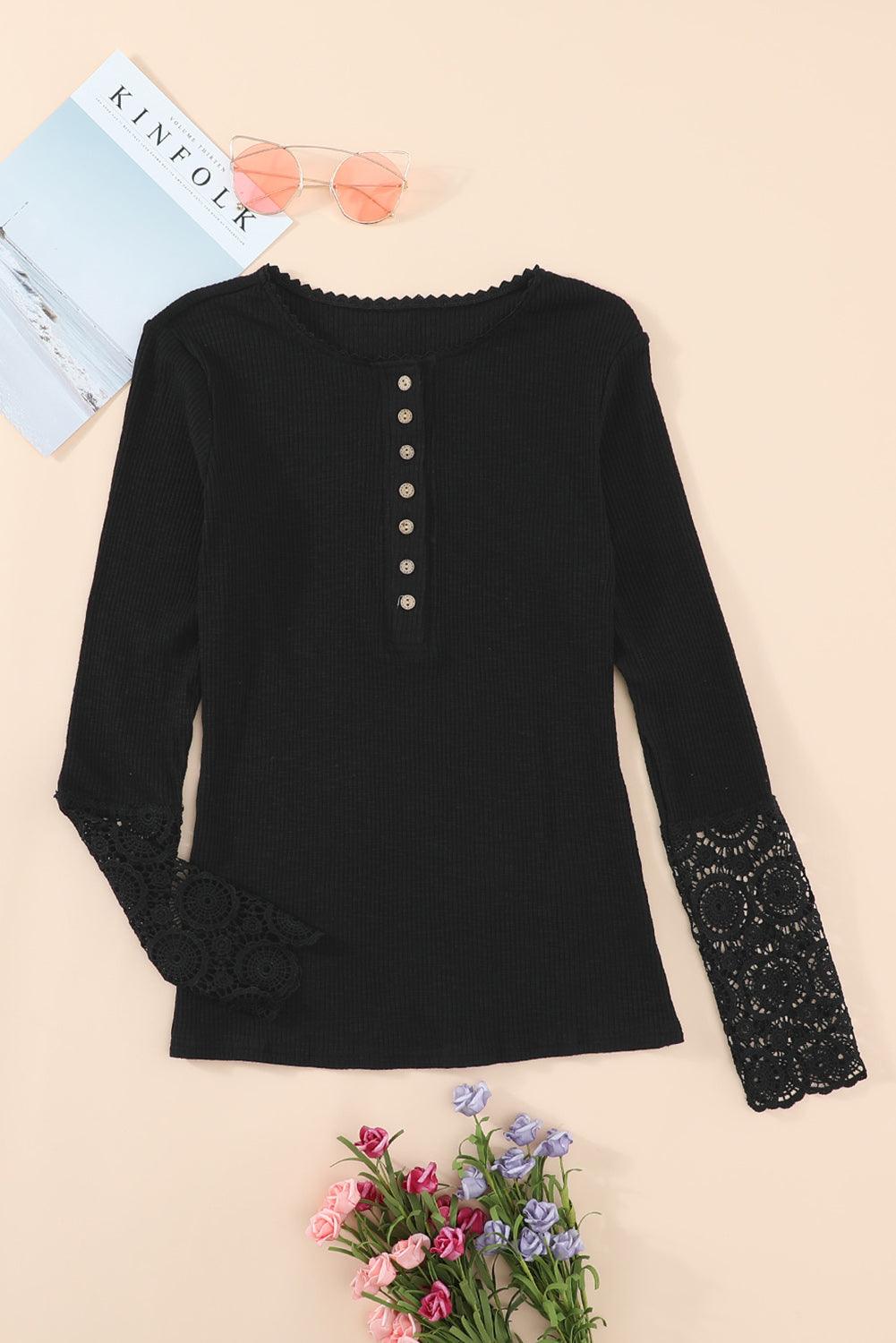 Black Crochet Lace Hem Sleeve Button Top - L & M Kee, LLC