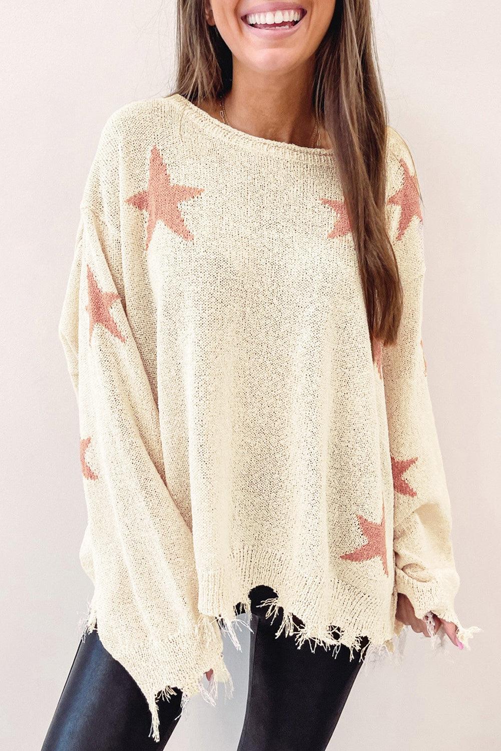 Beige Starry Long Sleeve Raw Hem Sweater - L & M Kee, LLC