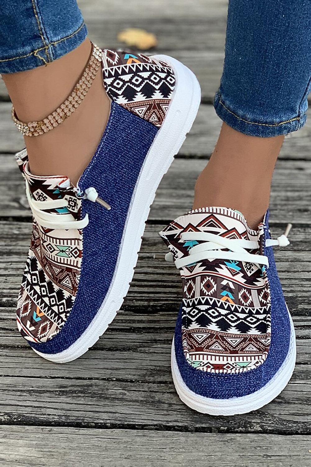 Ashleigh Blue Vintage Aztec Patchwork Lace-up Decor Flat Shoes - L & M Kee, LLC