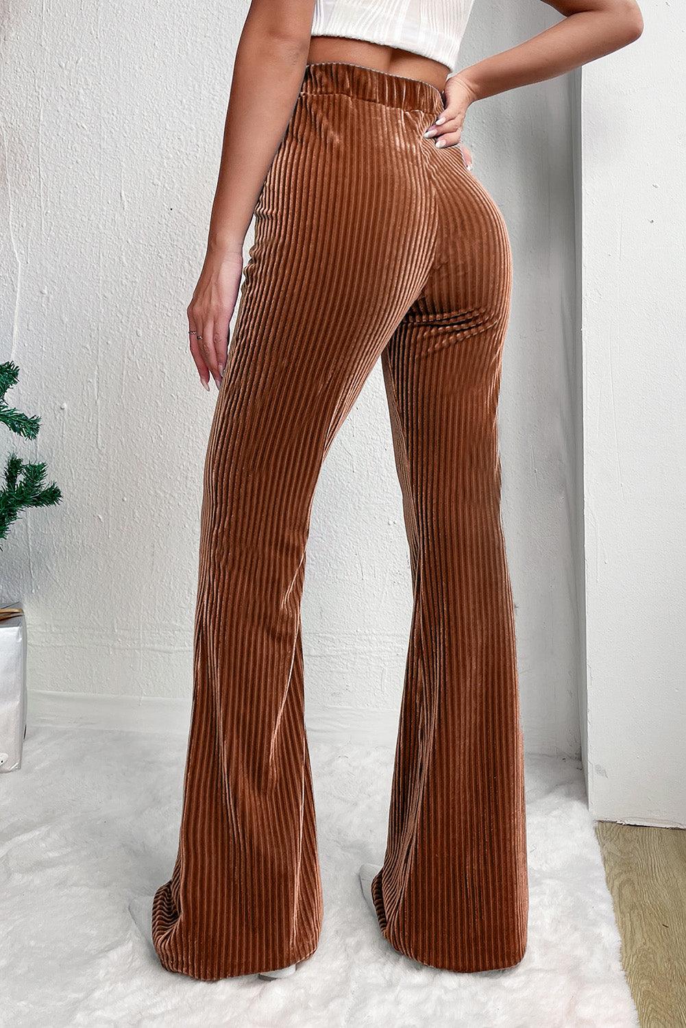 Chestnut Solid Color High Waist Flare Corduroy Pants - L & M Kee, LLC