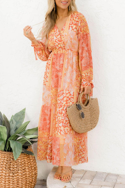 Orange Boho Floral Wrap V Neck Tie Long Sleeve Dress - L & M Kee, LLC