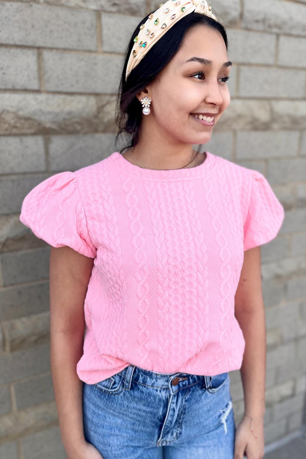 Pink Textured Puff Sleeve T Shirt - L & M Kee, LLC