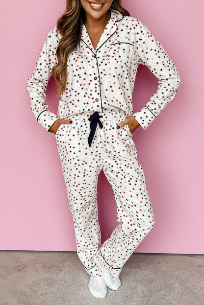 White Contrast Pipping Star Long Sleeve and Pants Pajamas Set - L & M Kee, LLC