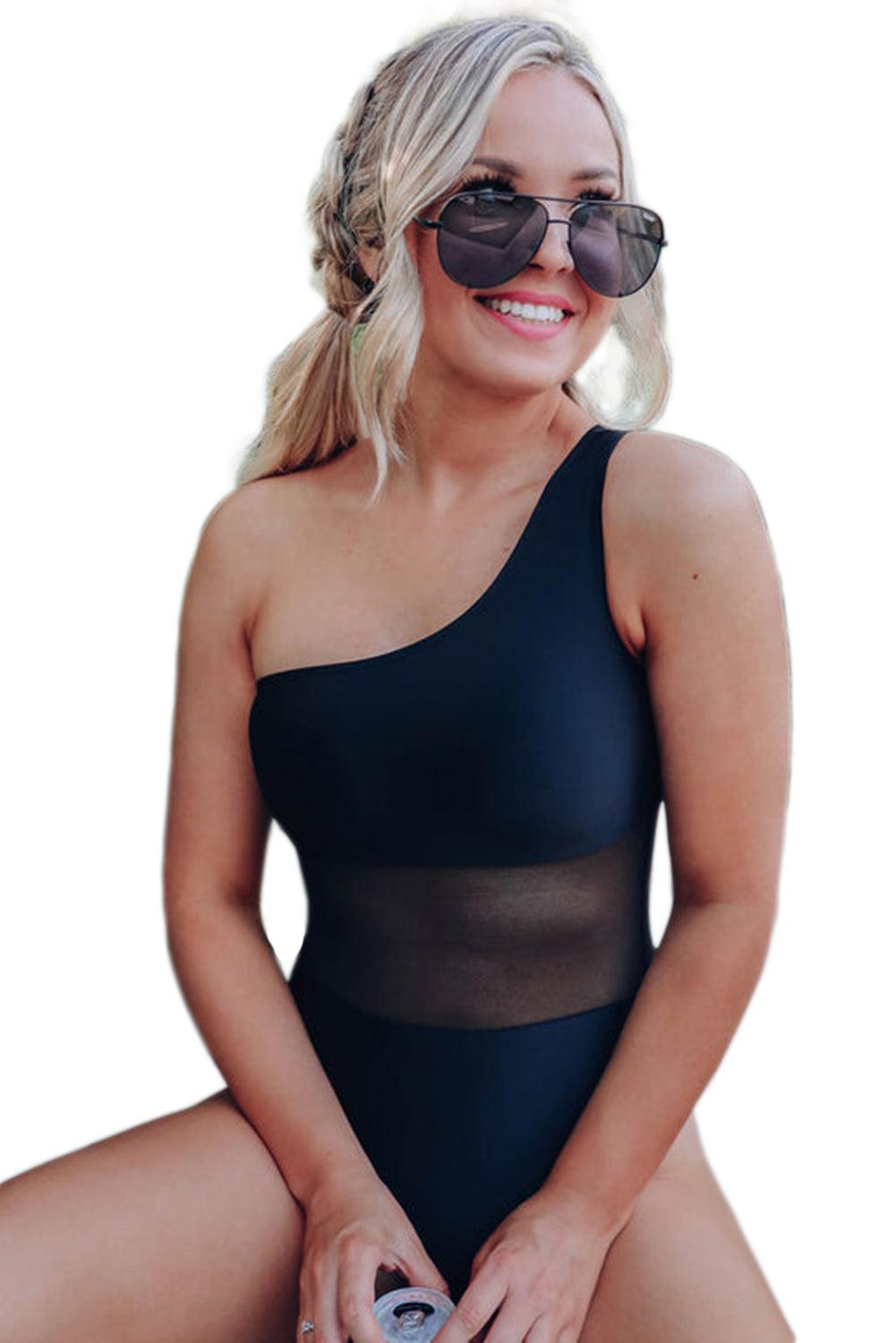 Black Single Shoulder Mesh Patchwork One-piece Swimwear - L & M Kee, LLC