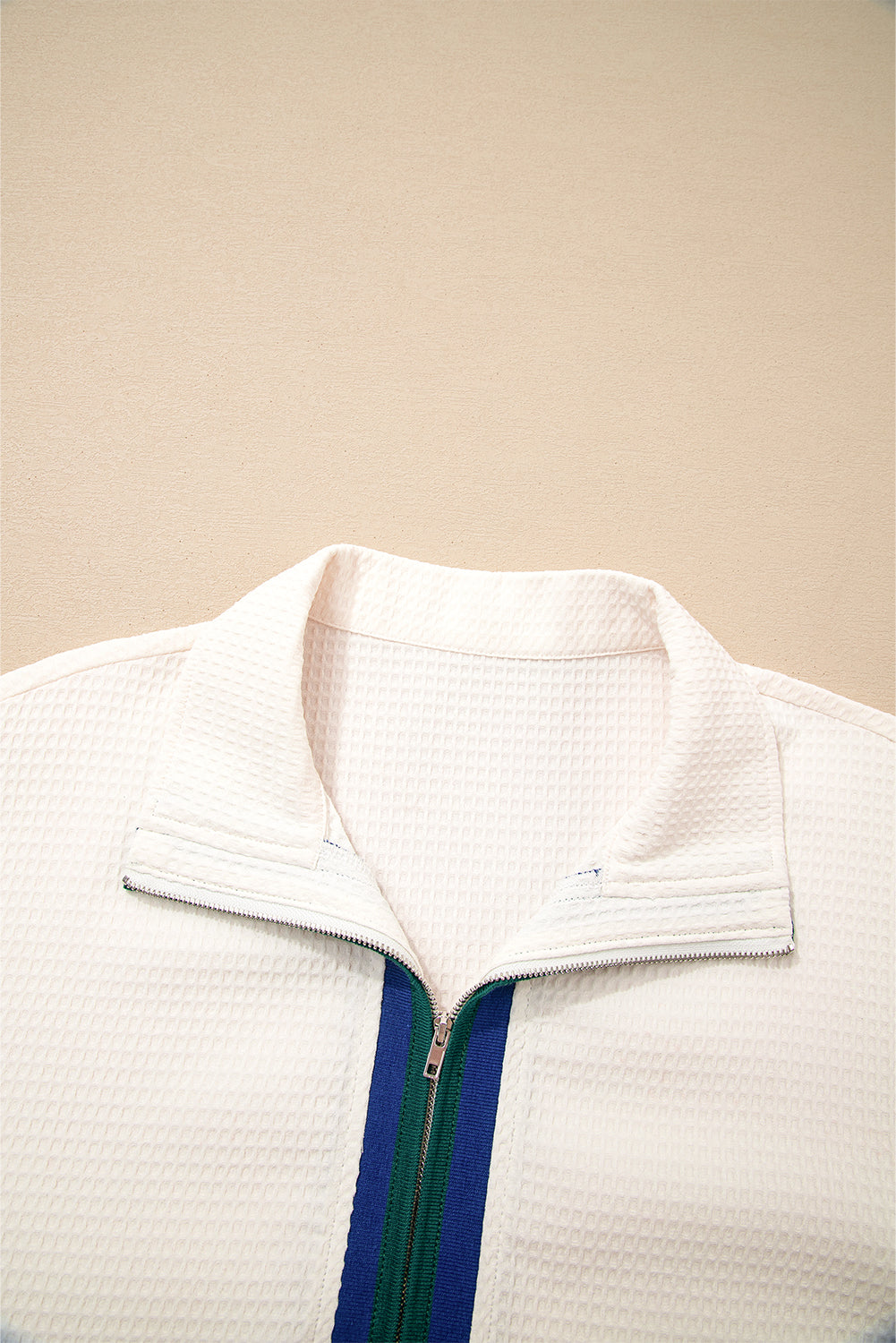 White Waffle Textured Contrast Polo Neck Zip up Jumper