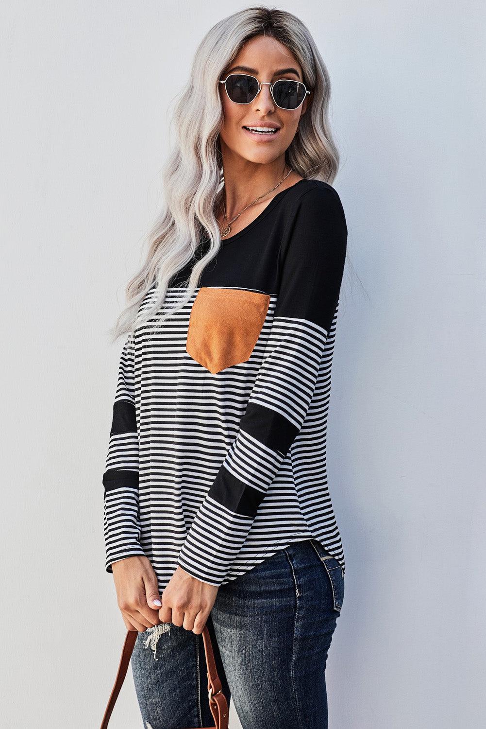 Black Pinstripe Patch Pocket Top - L & M Kee, LLC