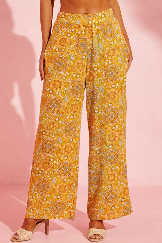 Yellow Bohemian Floral Print Pocketed Wide Leg Pants - L & M Kee, LLC