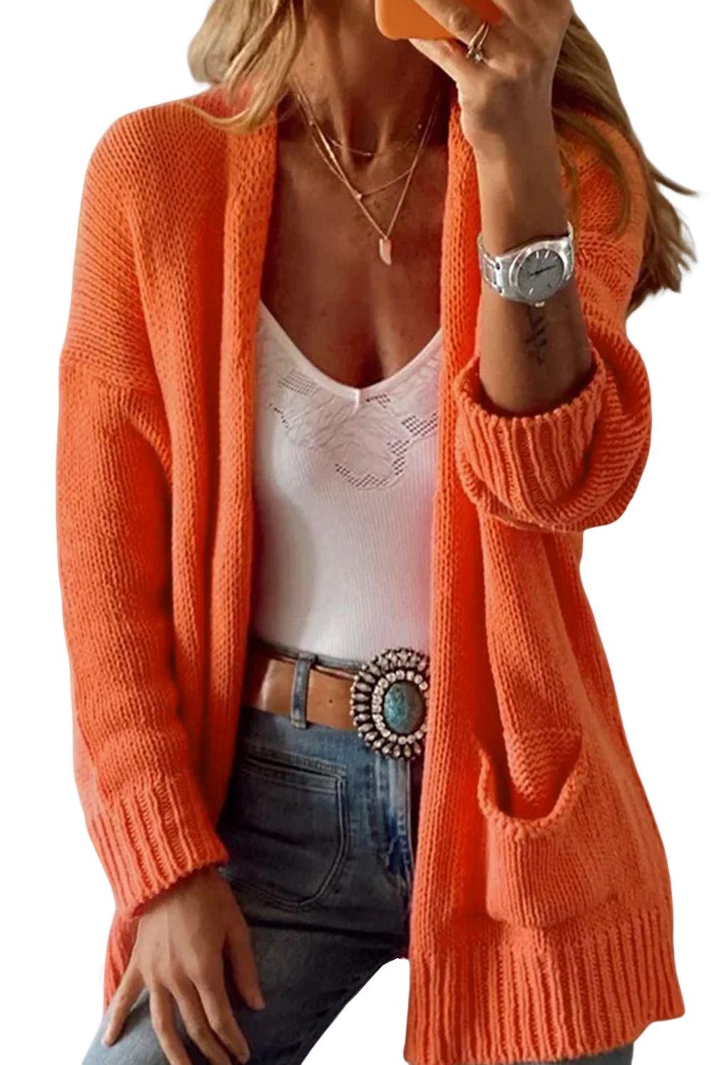 Orange Plain Dual Pockets Open Front Cardigan - L & M Kee, LLC