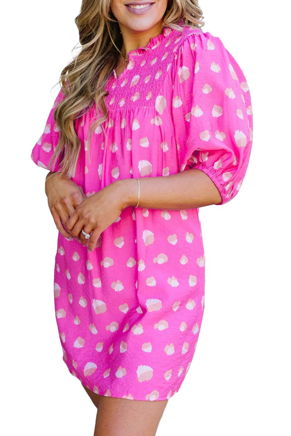 Bright Pink Printed Shirred Yoke Half Puff Sleeve Dress - L & M Kee, LLC