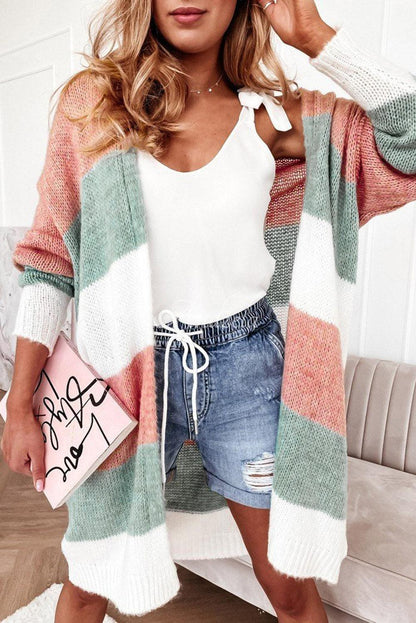 Green Colorblock Stripe Open-Front Cardigan - L & M Kee, LLC